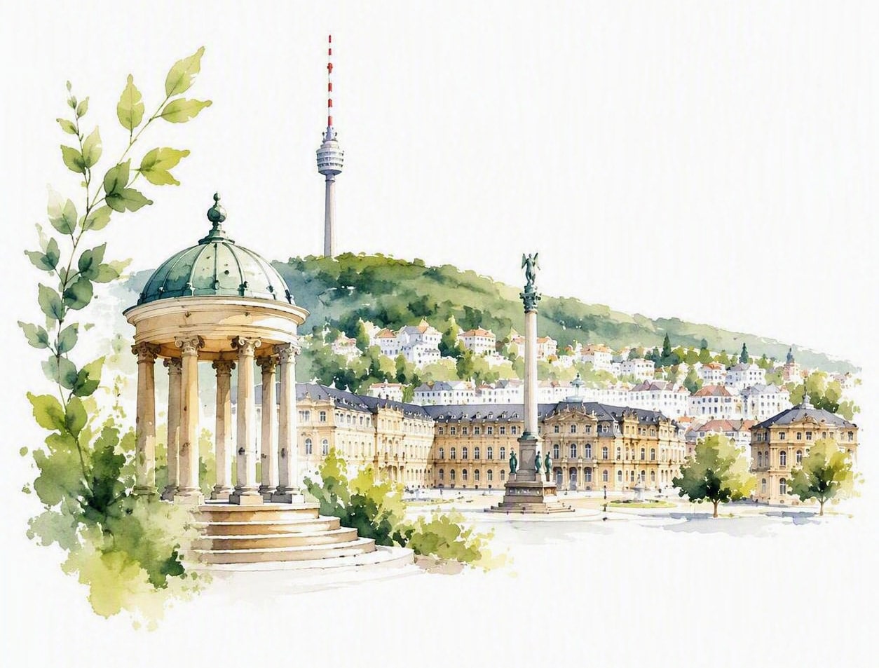 Aquarell-Illustration von Stuttgart: Schlossplatz mit Neuem Schloss und Fernsehturm
