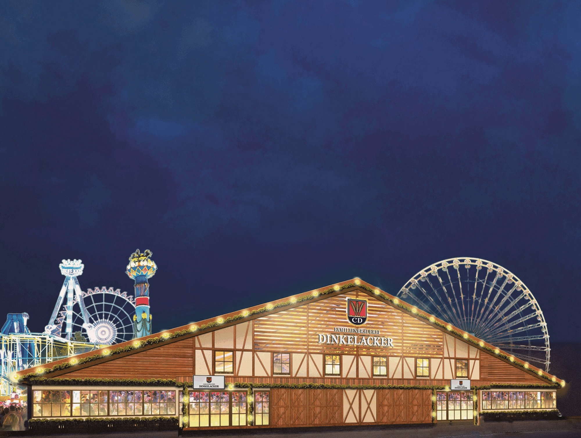 Das Dinkelacker Festzelt am Abend mit beleuchteter Fachwerkfassade, dahinter Riesenrad und Fruchtsäule